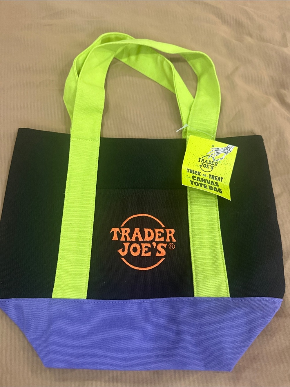Trader Joe's Black Tote Bag with Neon Green Handles and Purple Base